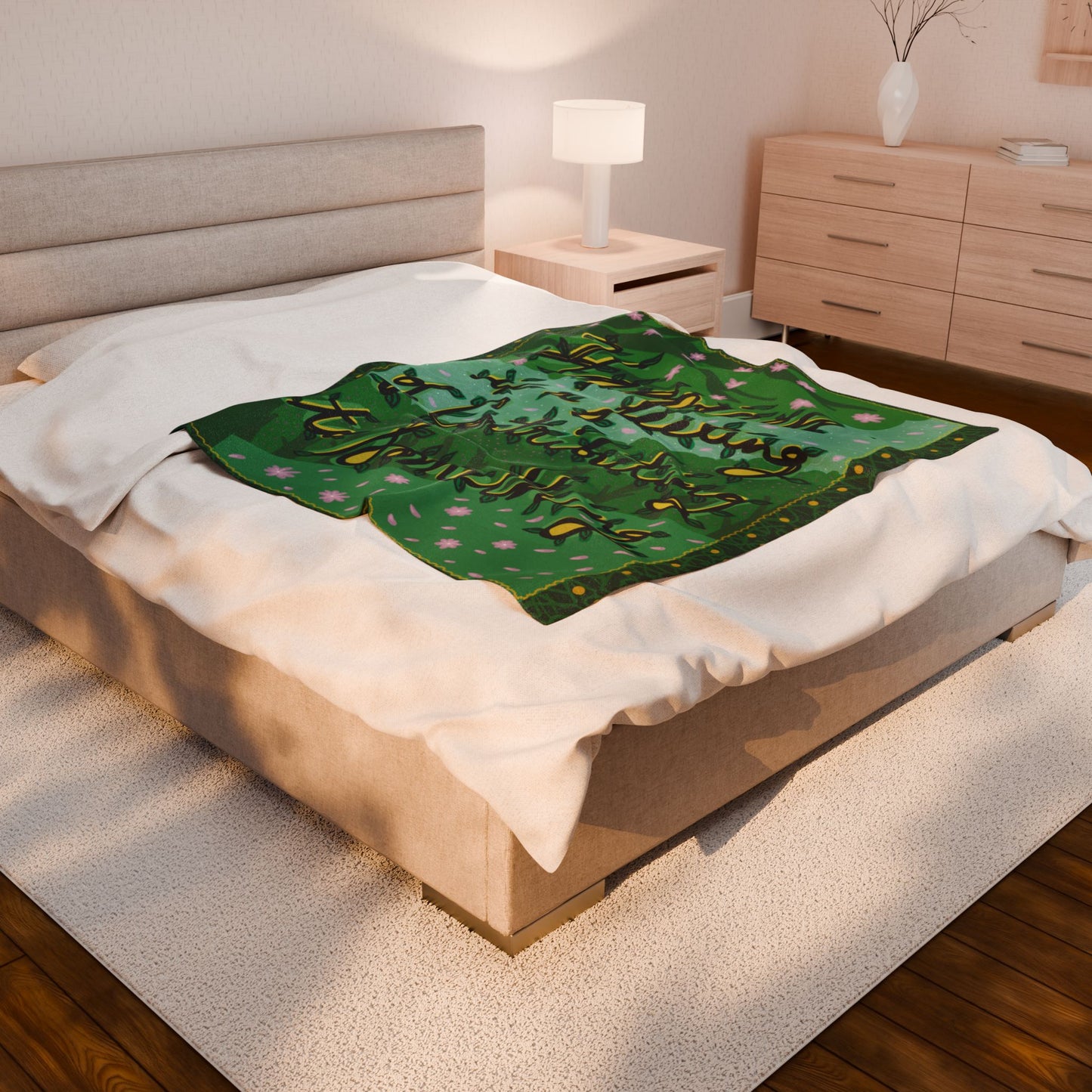 Velveteen Plush Blanket — Green Floral 'Happiness is a feeling of contributing to something' Throw