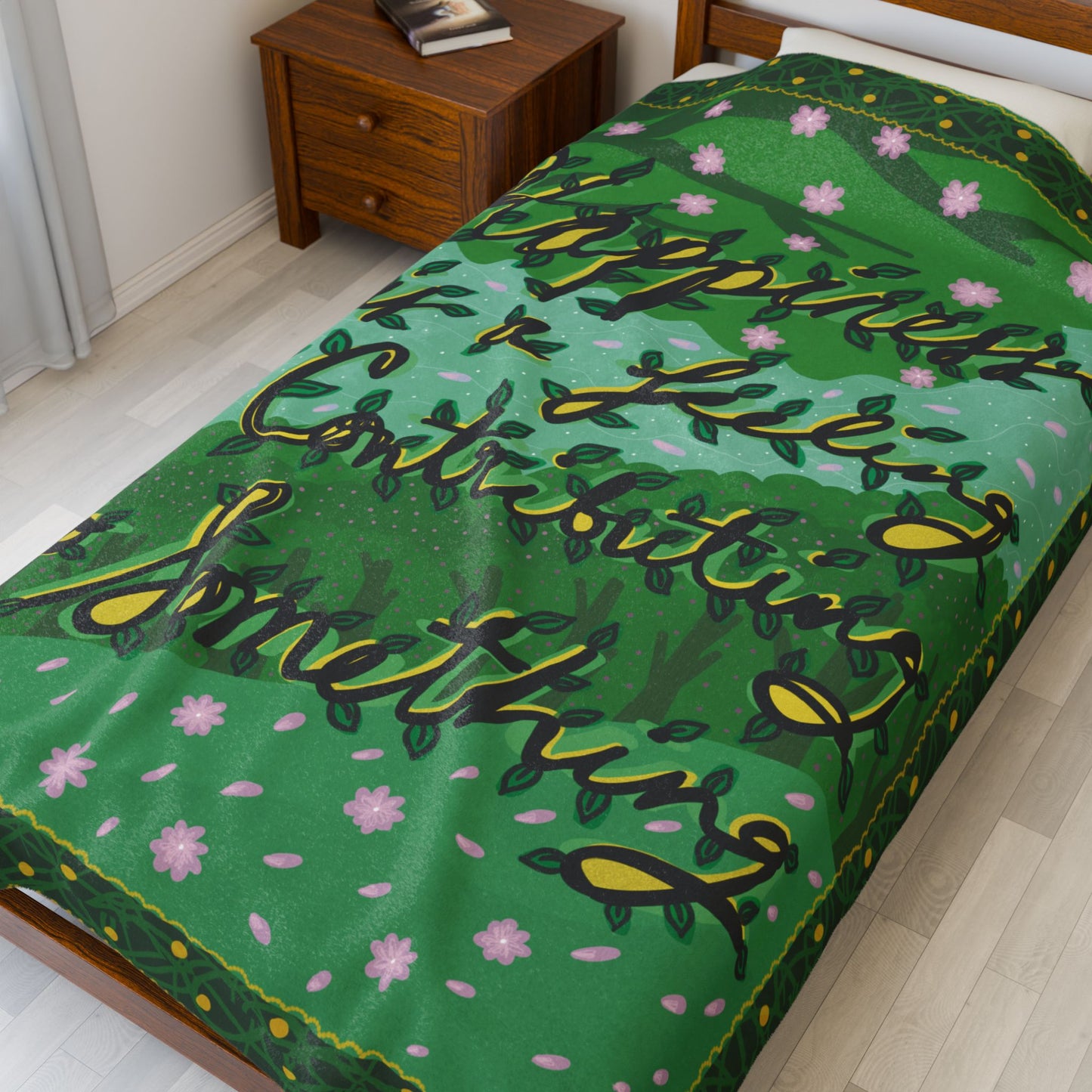 Velveteen Plush Blanket — Green Floral 'Happiness is a feeling of contributing to something' Throw
