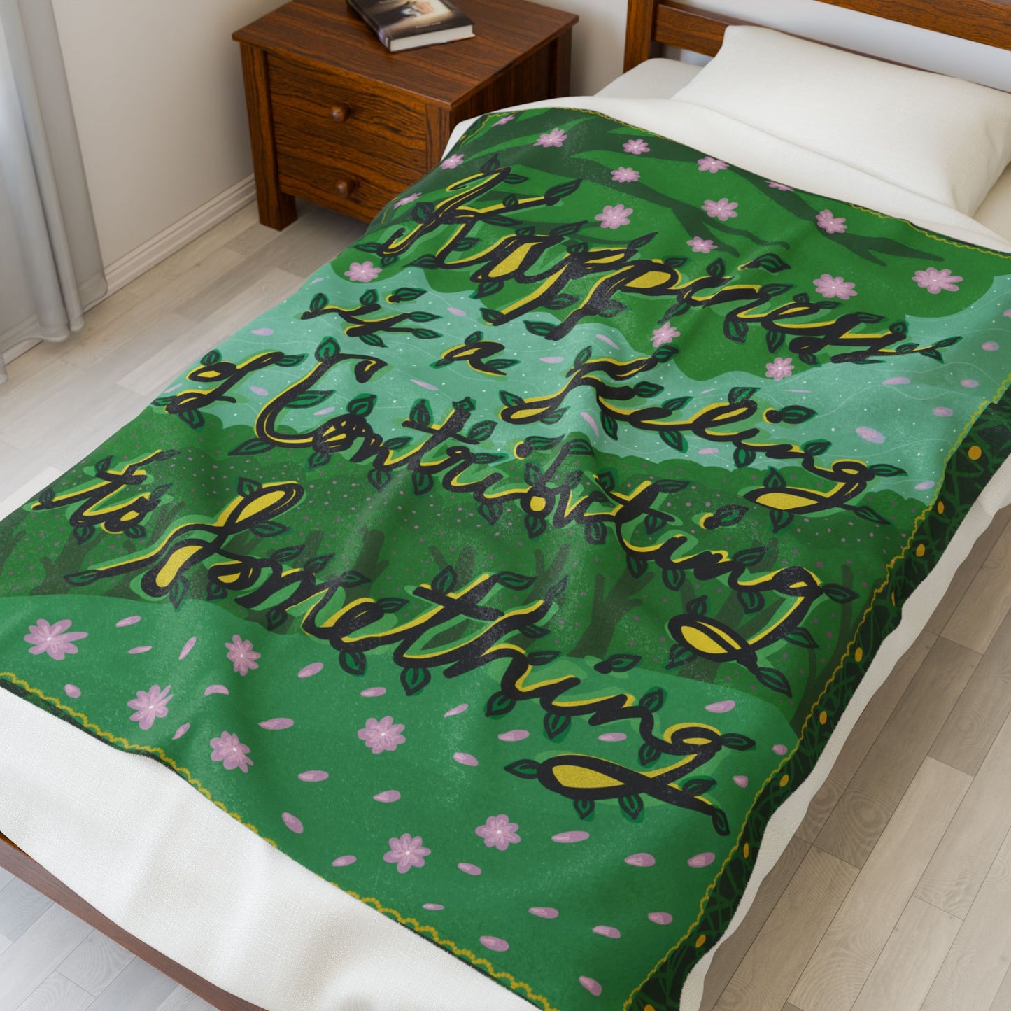 Velveteen Plush Blanket — Green Floral 'Happiness is a feeling of contributing to something' Throw