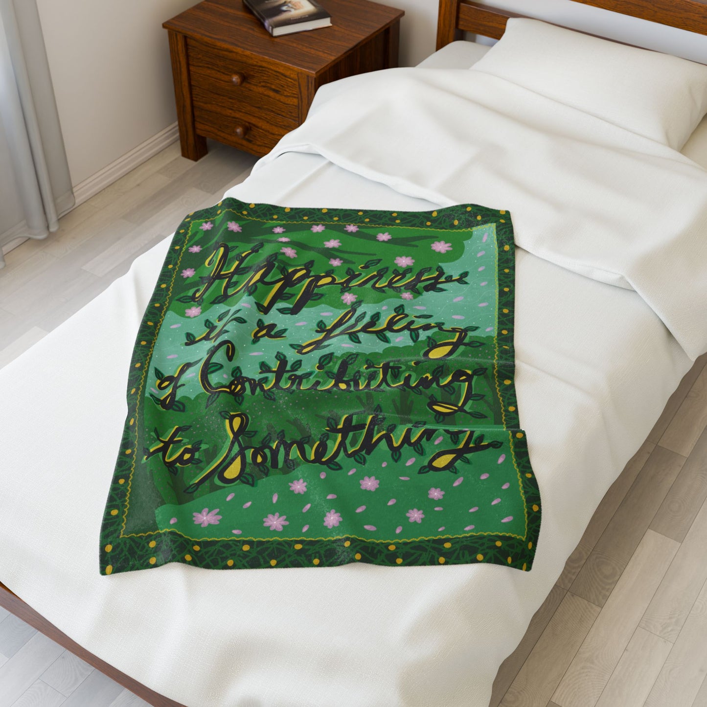 Velveteen Plush Blanket — Green Floral 'Happiness is a feeling of contributing to something' Throw